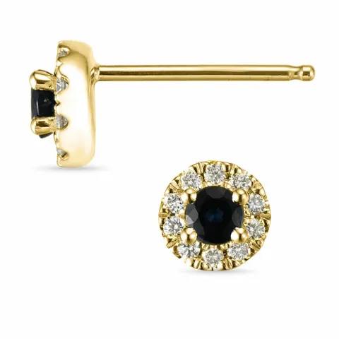 runda blå safir örhängestift i 14 karat guld med diamant och safir 