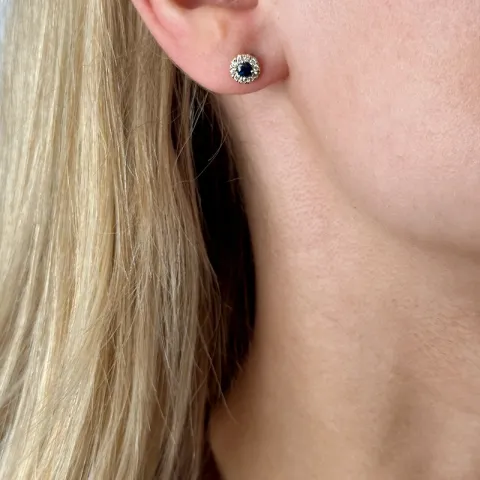 runda blå safir örhängestift i 14 karat guld med diamant och safir 