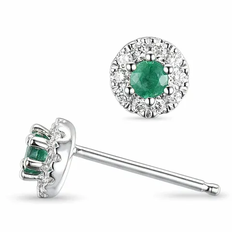 runda gröna smaragd örhängestift i 14 karat vitguld med diamant och smaragd