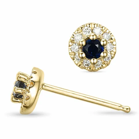 runda blå safir örhängestift i 14 karat guld med diamant och safir