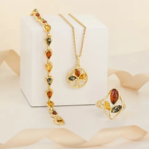 livets träd multifärgat bärnsten hängen i förgyllt silver