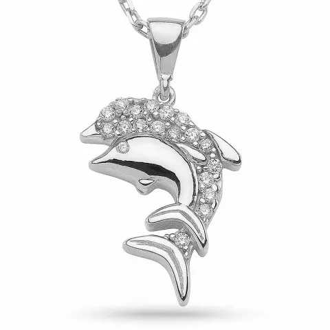 Dubbel delfin zirkon hängen med halskedja i silver