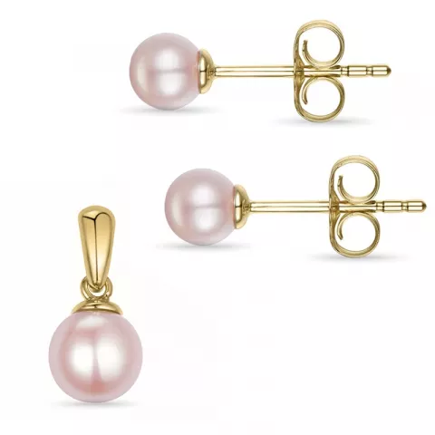 6 och 5 mm rosa pärla set med örhängen och hängen i 9 karat guld