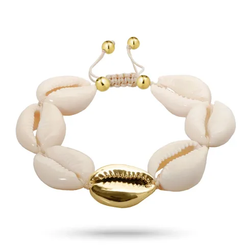 förgylld shell armband i silkes snöre 17 cm plus 4 cm x 14,5 mm