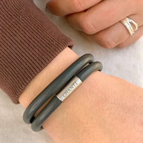 Grå läder armband i stål  x 6 mm