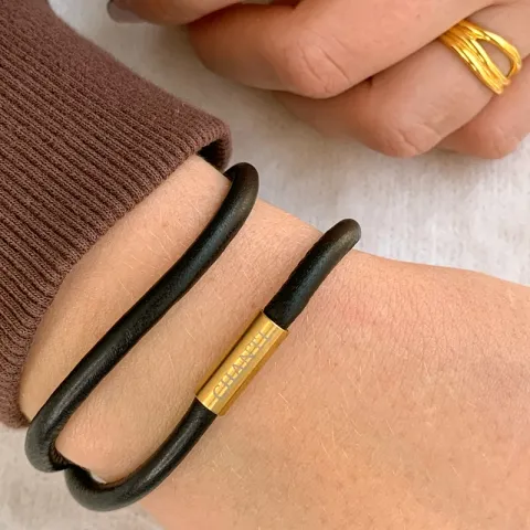Rund brun armband i läder med förgyllt stål lås x 4 mm