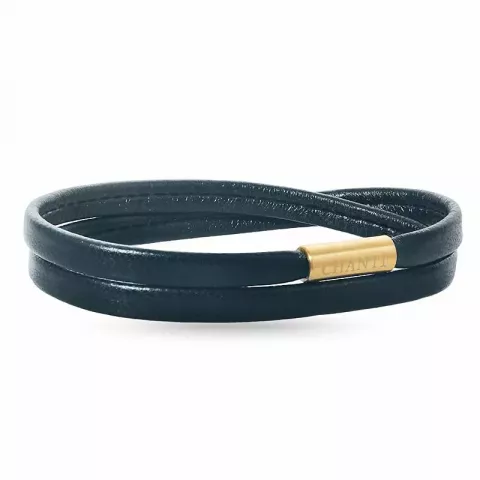 Platt svart armband i läder med förgyllt stål lås  x 6 mm