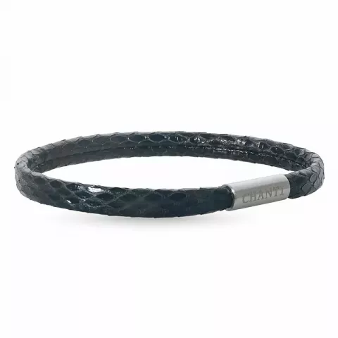 Platt svart ormarmband i läder med stål lås  x 6 mm