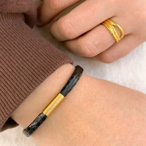 Platt svart ormarmband i läder med förgyllt stål lås x 6 mm