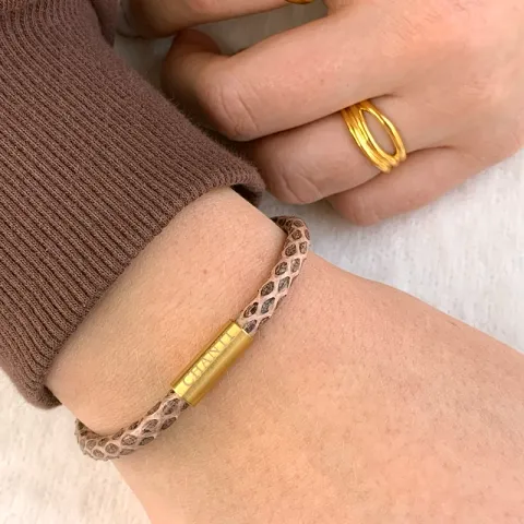 Rund rosa ormarmband i läder med förgyllt stål lås x 4 mm