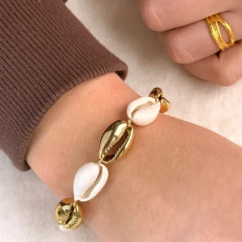 förgylld mussla armband i silkes snöre 17 cm plus 4 cm x 12 mm