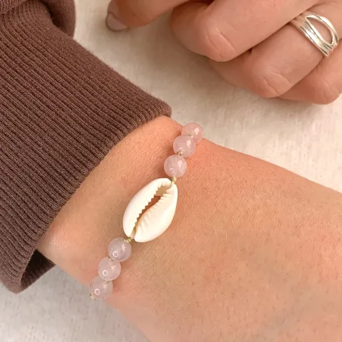 rosa kvarts mussla armband i silkes snöre 17 cm plus 4 cm x 10 mm
