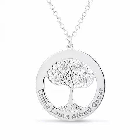 livets träd Namnhalsband med hänge i silver med  vit swarovski kristal