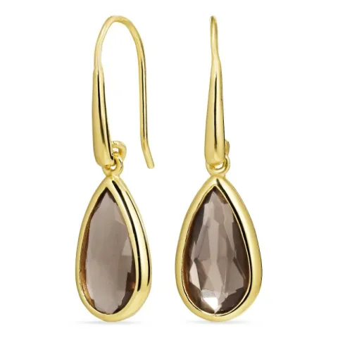 långa droppe rökfärgad kvarts örhängen i förgyllt silver - Loom Stones