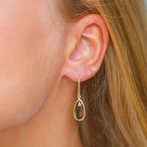 långa droppe rökfärgad kvarts örhängen i förgyllt silver - Loom Stones