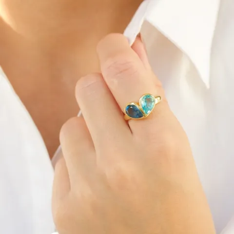 blå kristal ring i förgylld mässing - Loom Stones