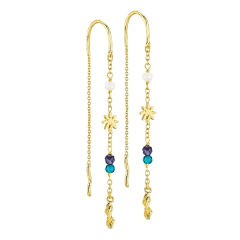 långa blå kedja örhängen i förgylld mässing - Eliné