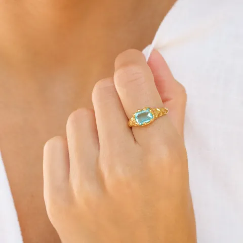 blå kristal ring i förgylld mässing - Eliné