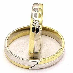 Vigselsringar i 14  karat guld- och vitguld 0,025 ct - set