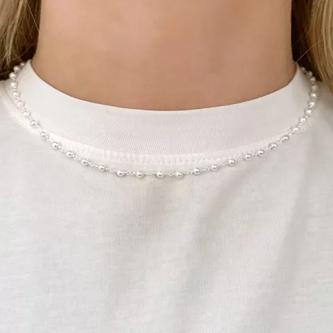 rund vit pärla halsband i silver 40 cm plus 5 cm x 3,3 mm
