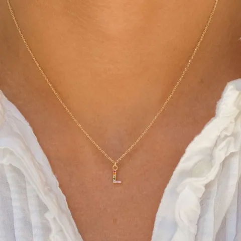 bokstav l multifärgat zirkon halsband i förgyllt silver