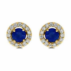 runda örhängestift i 14 karat guld med safir och diamant