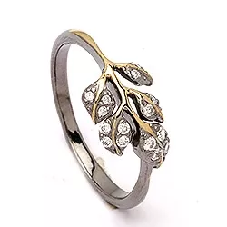 Blad ring i svart rhodinerat silver med förgyllt silver