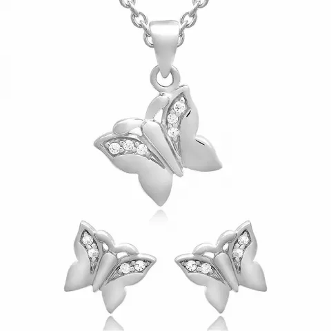 Fjäril set med örhängen och halsband i silver vit zirkon