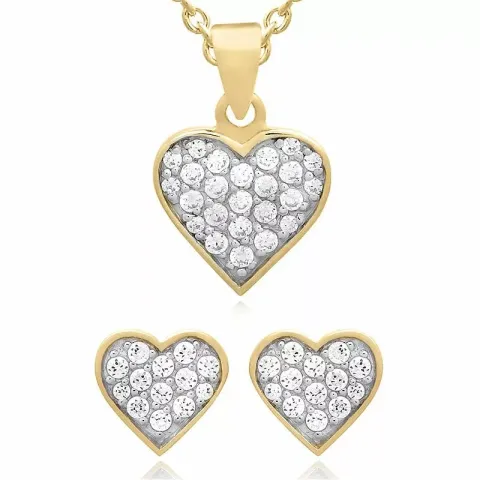 Hjärta set med örhängen och halsband i förgyllt silver vit zirkon