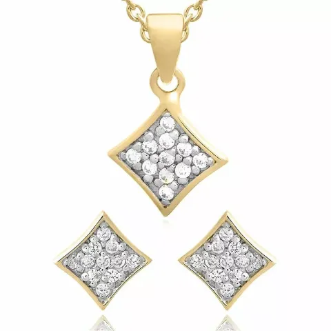 Fyrkantigt set med örhängen och halsband i förgyllt silver vit zirkon