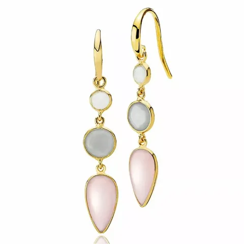 Izabel Camille Anna Bella långa örhängen i förgyllt silver rosa calcedonit grå månsten regnbågefärgad kvarts