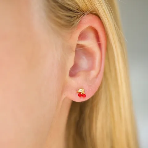 Enamel cherry örhängen i förgyllt silver röd emalj