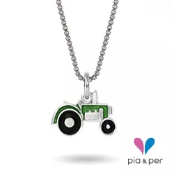 Pia och Per traktor halsband i silver grön emalj svart emalj