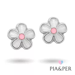 Pia och Per blomma örhängen i silver vit emalj rosa emalj
