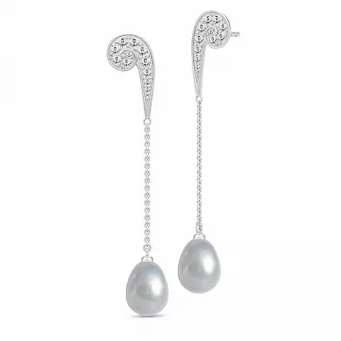 Långa Julie Sandlau grå pärla örhängen i satinrhodinerat sterlingsilver vit zirkon