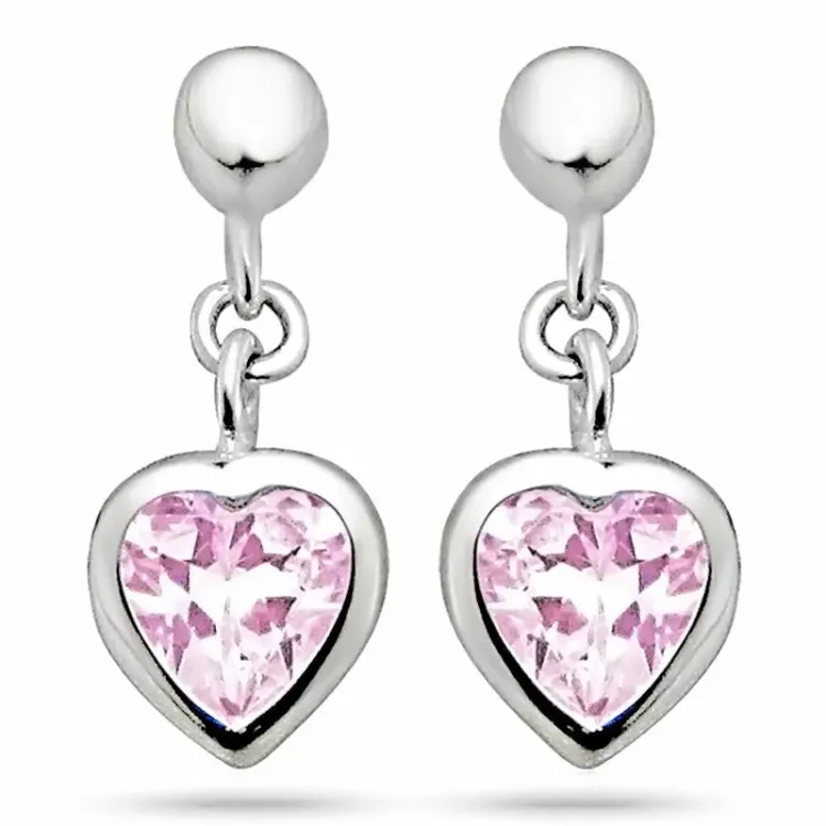 Små hjärta rosa zirkon örhängen i silver med rhodination