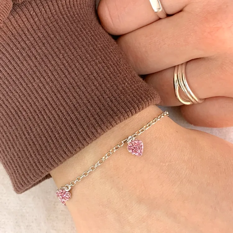 barn NORDAHL ANDERSEN hjärta armband i rhodinerat silver rosa zirkon