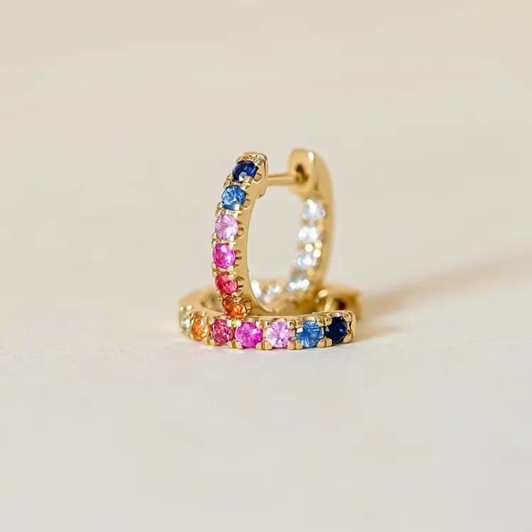 14 mm multifärgade safir creol i 14 karat guld med diamant och safir