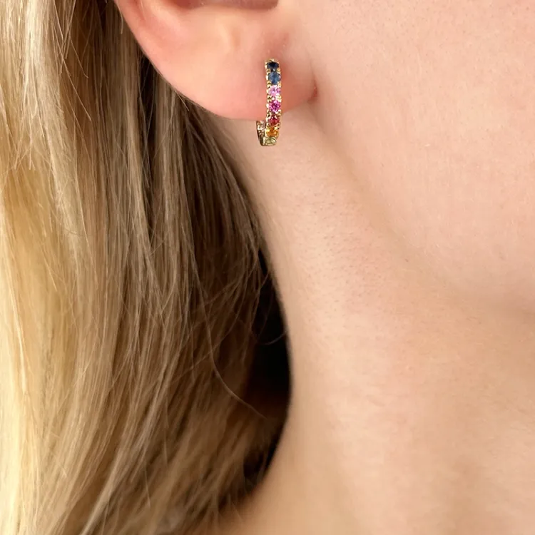 14 mm multifärgade safir creol i 14 karat guld med diamant och safir