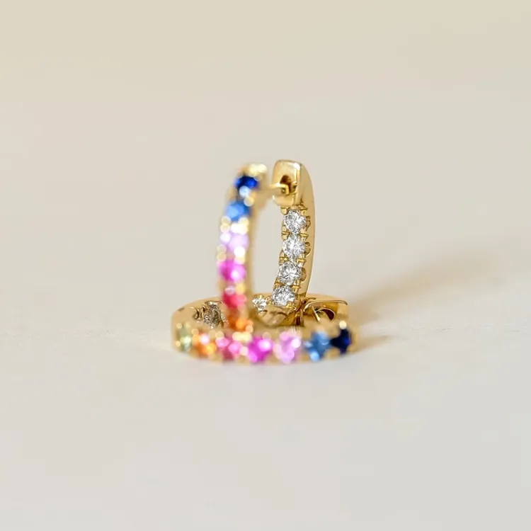 14 mm multifärgade safir creol i 14 karat guld med diamant och safir