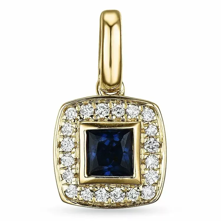 Fyrkantigt safir diamantberlocker i 14 carat guld 0,08 ct 0,35 ct
