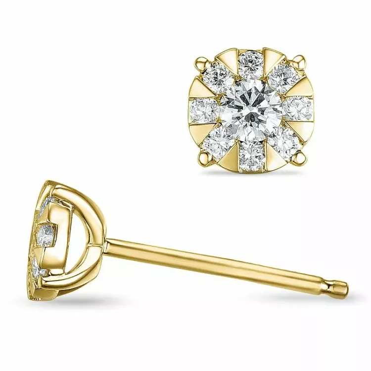 runda örhängestift i 14 karat guld med diamant och diamant 