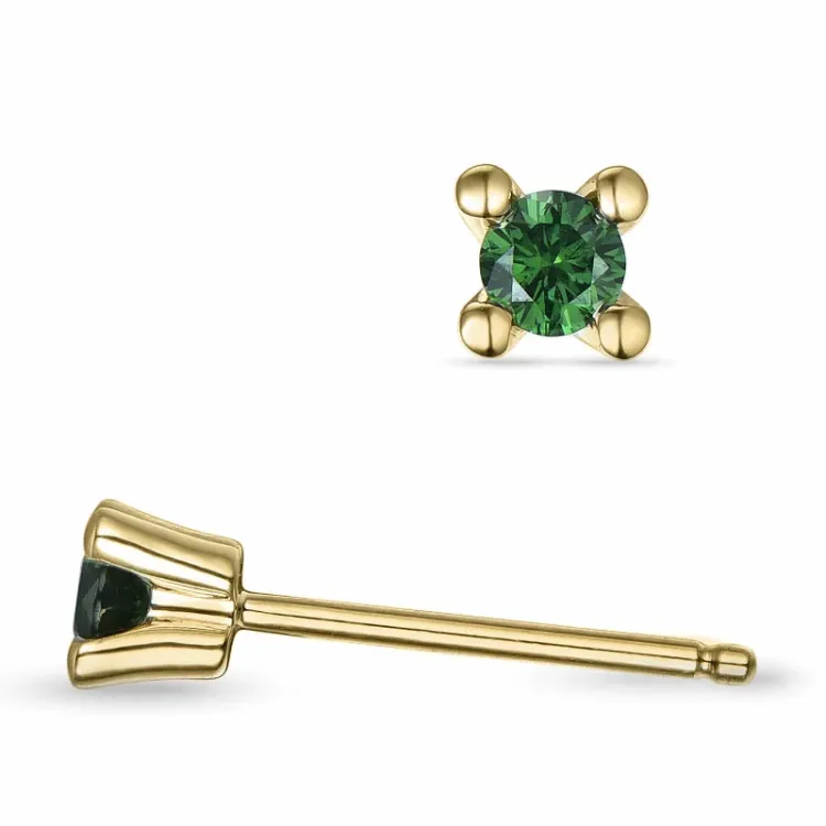 2 x 0,09 ct gröna behandlad naturlig diamant solitäreörhängestift i 14 karat guld med grön diamant 