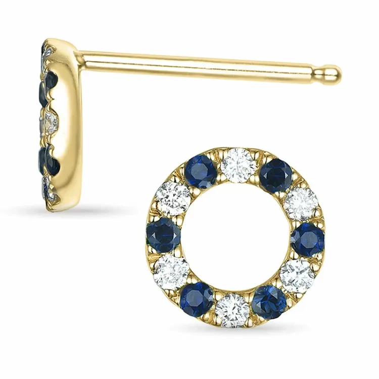 runda safir örhängestift i 14 karat guld med safir och diamant