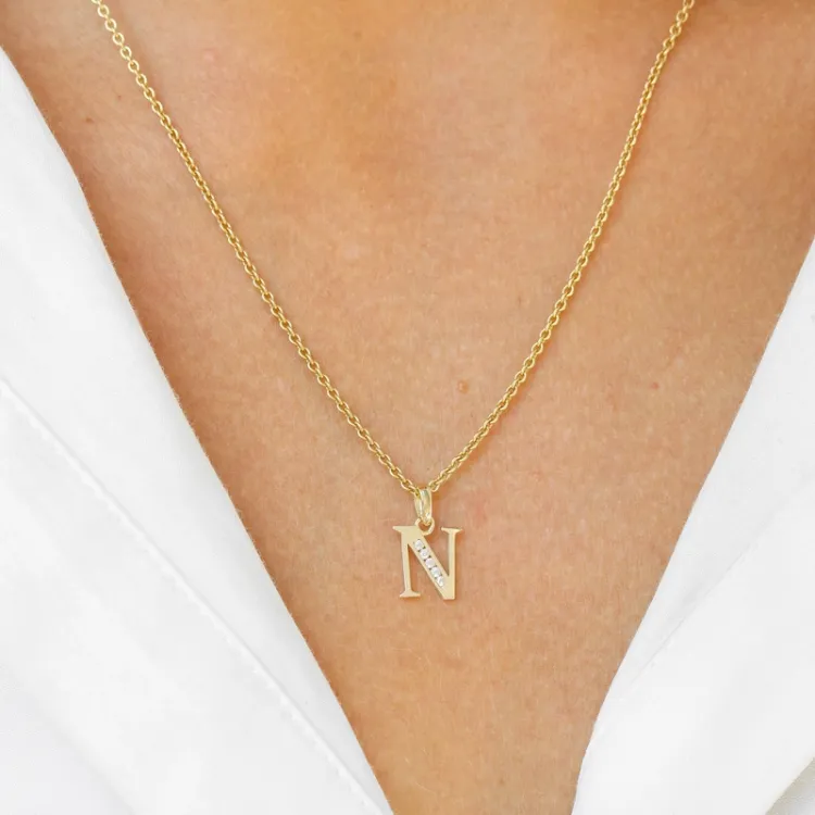 bokstav n zirkon hängen i 9 karat guld - My Letter