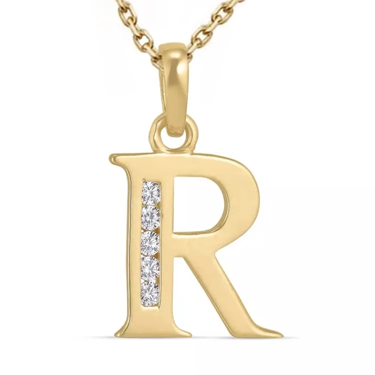 bokstav r zirkon halsband i förgyllt silver med hängen i 9 karat guld - My Letter