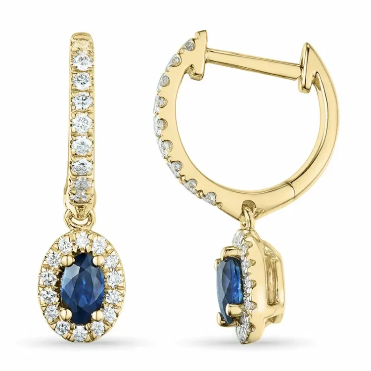 ovala safir creol i 14 karat guld med safir och diamant