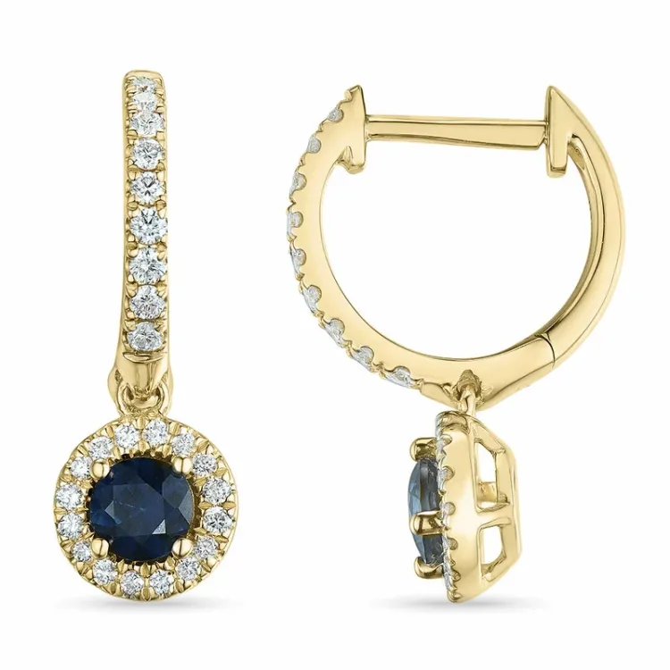 långa runda safir creol i 14 karat guld med safir och diamant