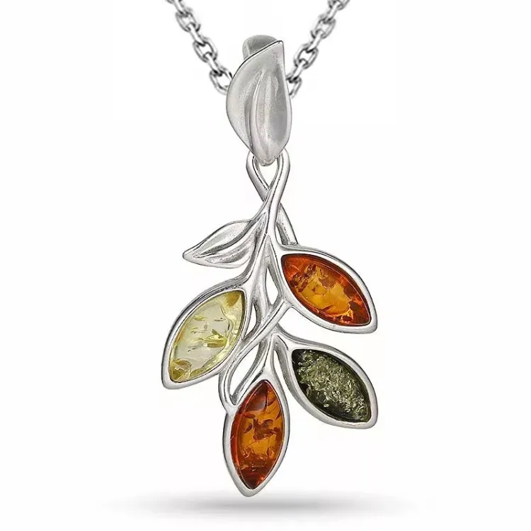 blad bärnsten halsband i silver med hängen i silver