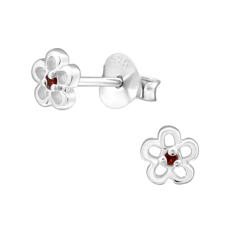5 mm blommor röda örhängestift i silver
